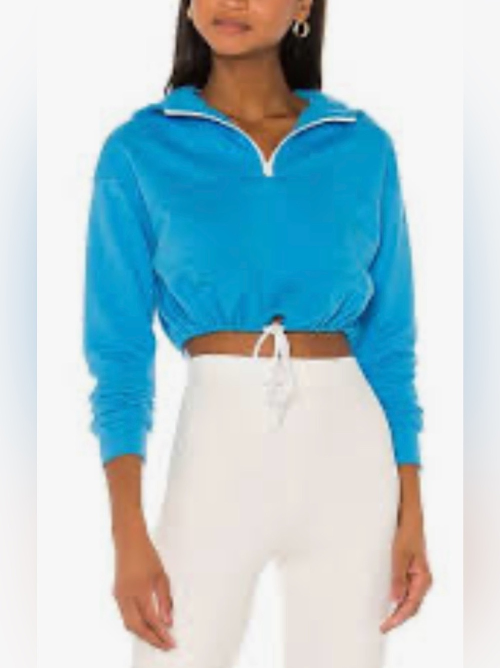 superdown Kaisa Cropped Turquoise Blue Pullover Half-Zip Hoodie Drawstring Hem